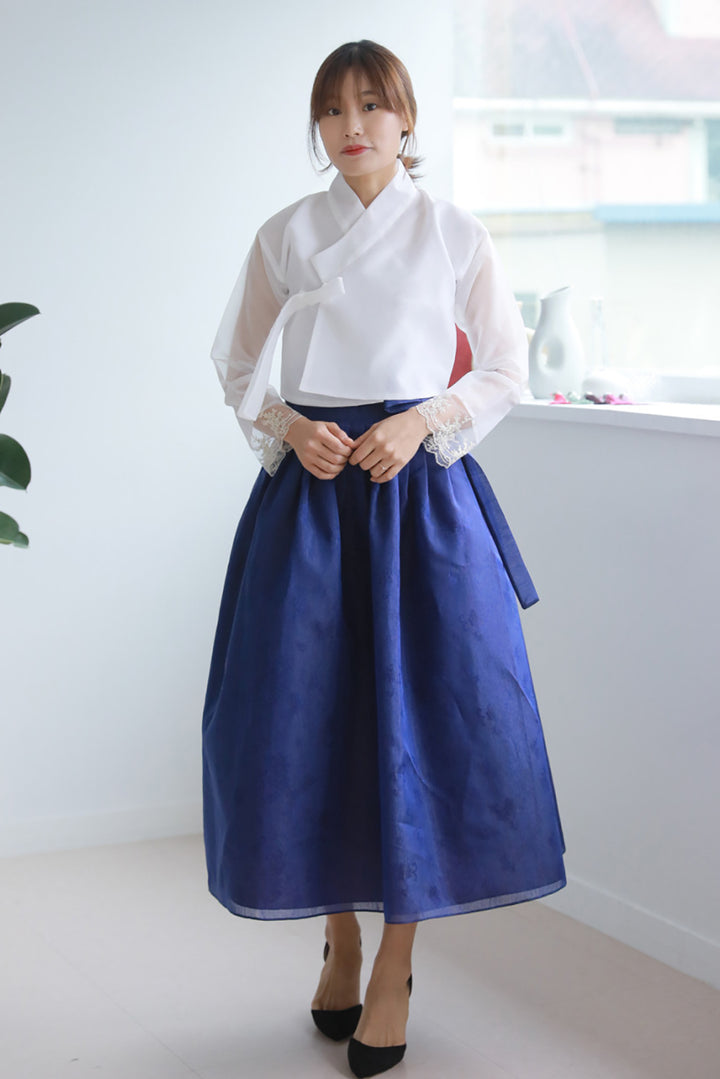 Korean Modern Daily Hanbok Casual Modernized Party Celebration Dress Top Jeogori Skirt White Blue SSN018