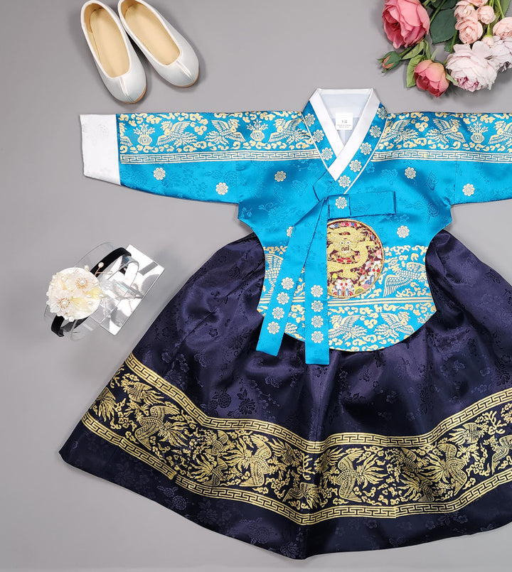 Hanbok Girl Baby Korea Traditional Clothing Set First Birthday Celebration Party Celebration 1–10 Years Blue Navy Gold Print HG115