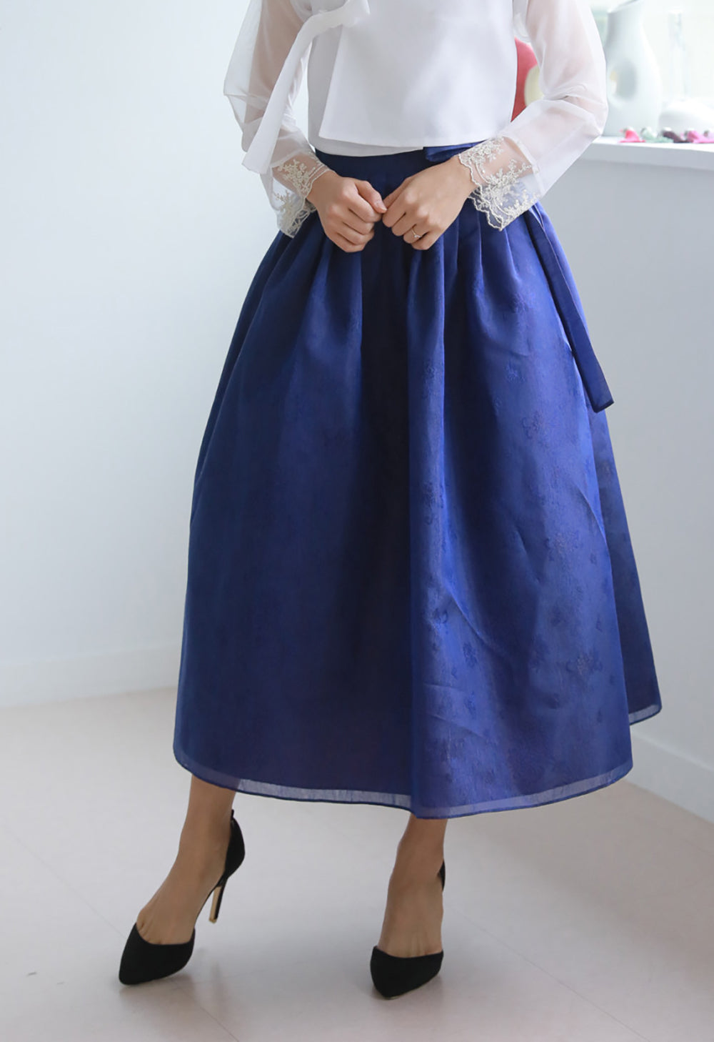 Korean Modern Daily Hanbok Casual Modernized Party Celebration Dress Top Jeogori Skirt White Blue SSN018