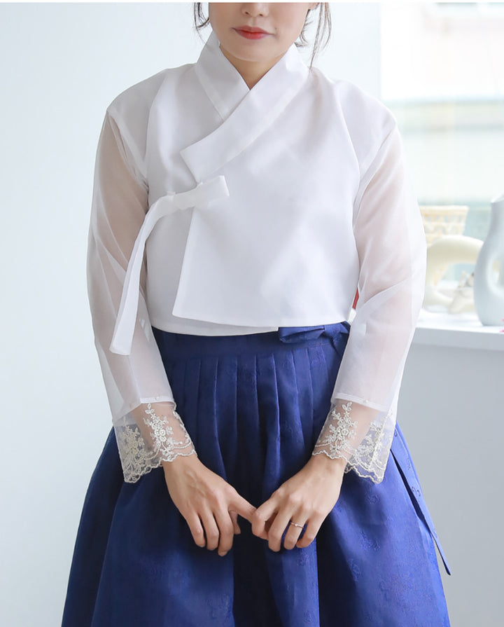 Korean Modern Daily Hanbok Casual Modernized Party Celebration Dress Top Jeogori Skirt White Blue SSN018