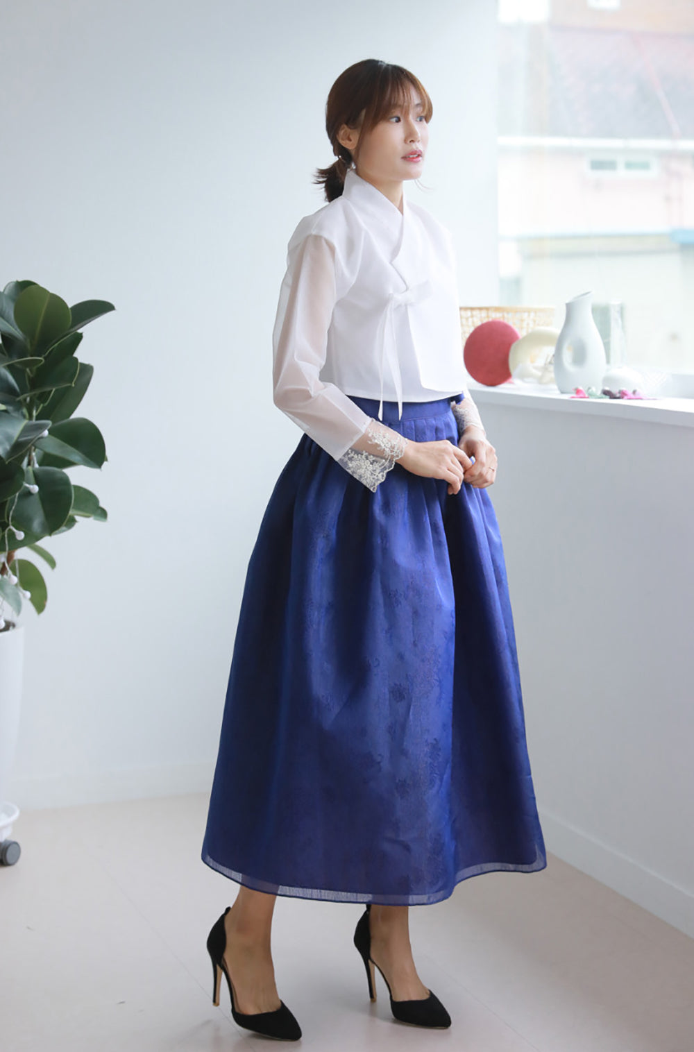 Korean Modern Daily Hanbok Casual Modernized Party Celebration Dress Top Jeogori Skirt White Blue SSN018