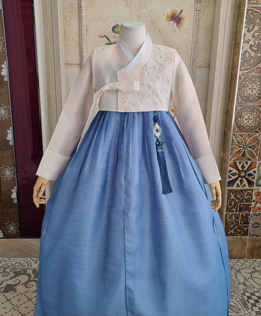 Korean Traditional Woman Personal Custom Hanbok Wedding Party Ceremony Ivory Embroidery Blue Skirt Mom Grandmom Hanbok OSW133