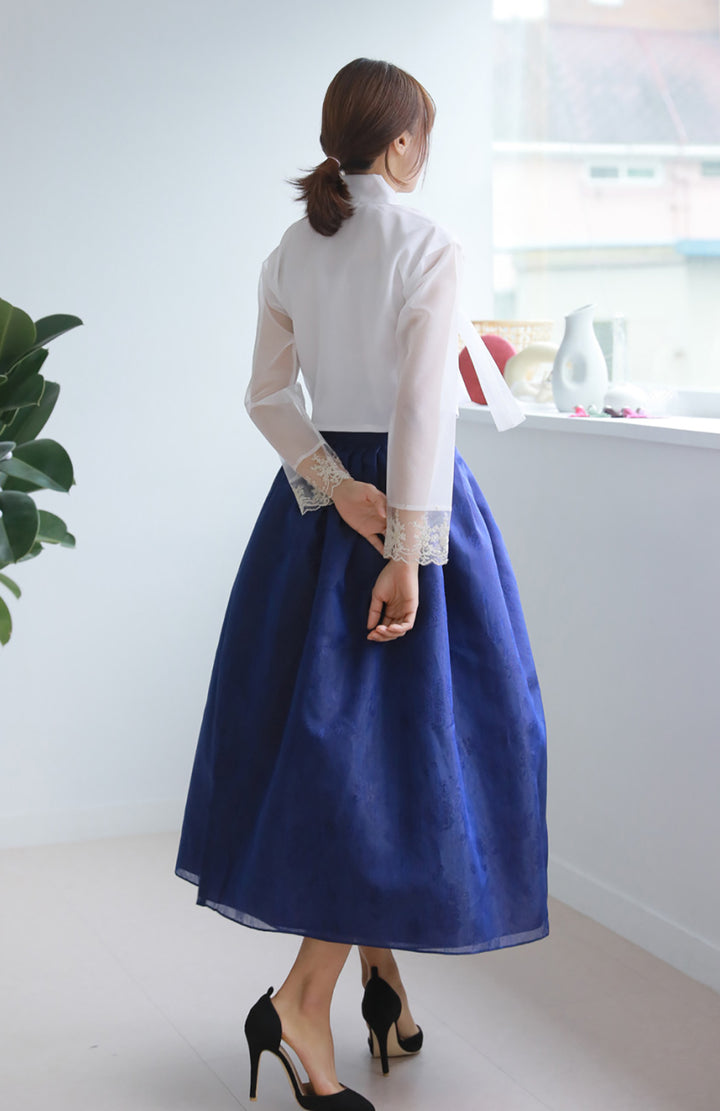 Korean Modern Daily Hanbok Casual Modernized Party Celebration Dress Top Jeogori Skirt White Blue SSN018