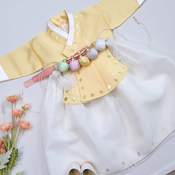 Korea Traditional Hanbok Girl Baby Yellow Gold Print Baikil 1–10 Years 1st Birthday Party GOG205