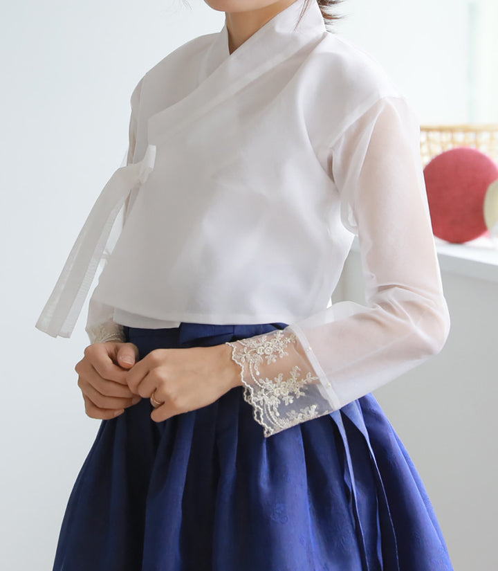 Korean Modern Daily Hanbok Casual Modernized Party Celebration Dress Top Jeogori Skirt White Blue SSN018