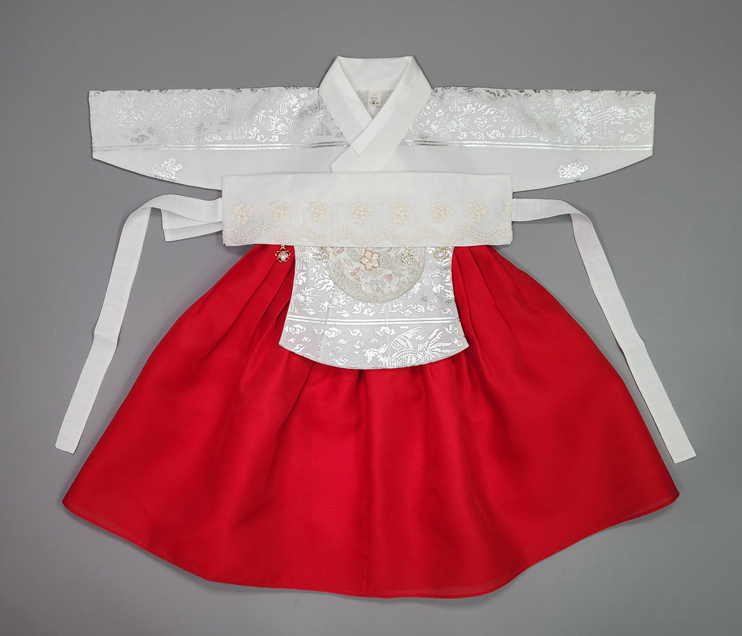 Hanbok Girl Baby Korea Traditional Clothing Set First Birthday Celebration Party Celebration 1–15 years Vivid Red Silver Print OSG326