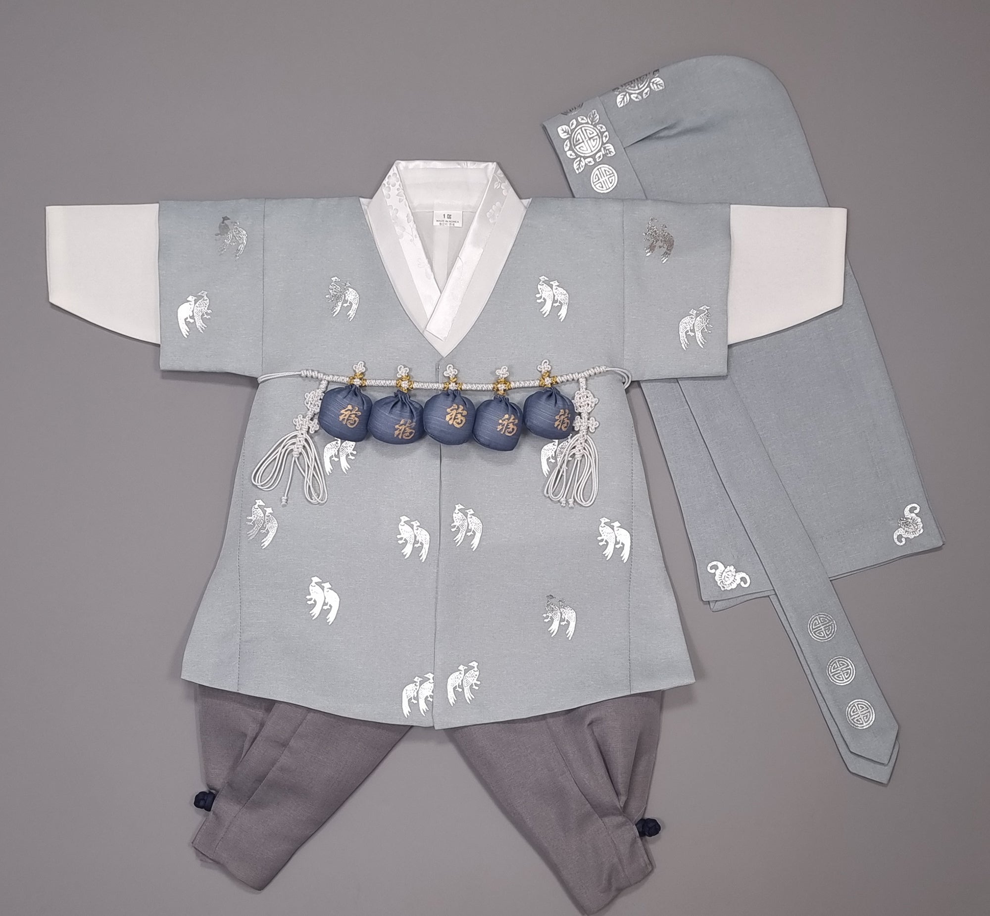 Hanbok Korea Traditional Dress Clothing Girl Boy Baby First Birthday Dol Party Celebration top Blue Silver Print