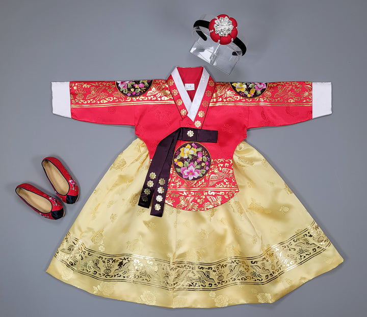 Hanbok Dress Girl Baby Korea Traditional Clothing Set First Birthday Celebration Party 100th Birth1–15 years Gold Print HG151