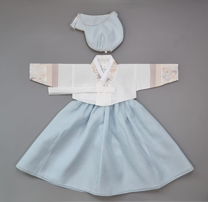 Hanbok Girl Baby Korea Traditional Clothing Set First Birthday Celebration Party 100th Birth Celebration 1 - 15 years White Embroidery Blue