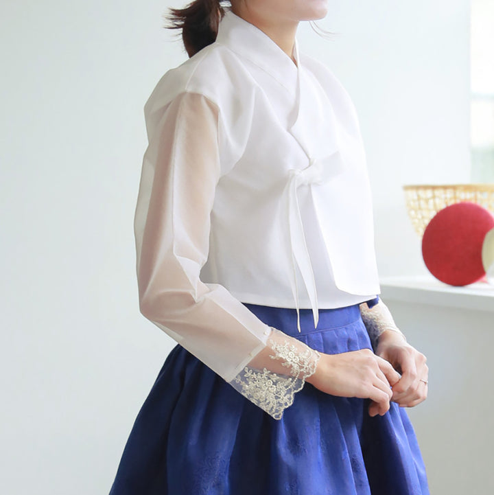 Korean Modern Daily Hanbok Casual Modernized Party Celebration Dress Top Jeogori Skirt White Blue SSN018