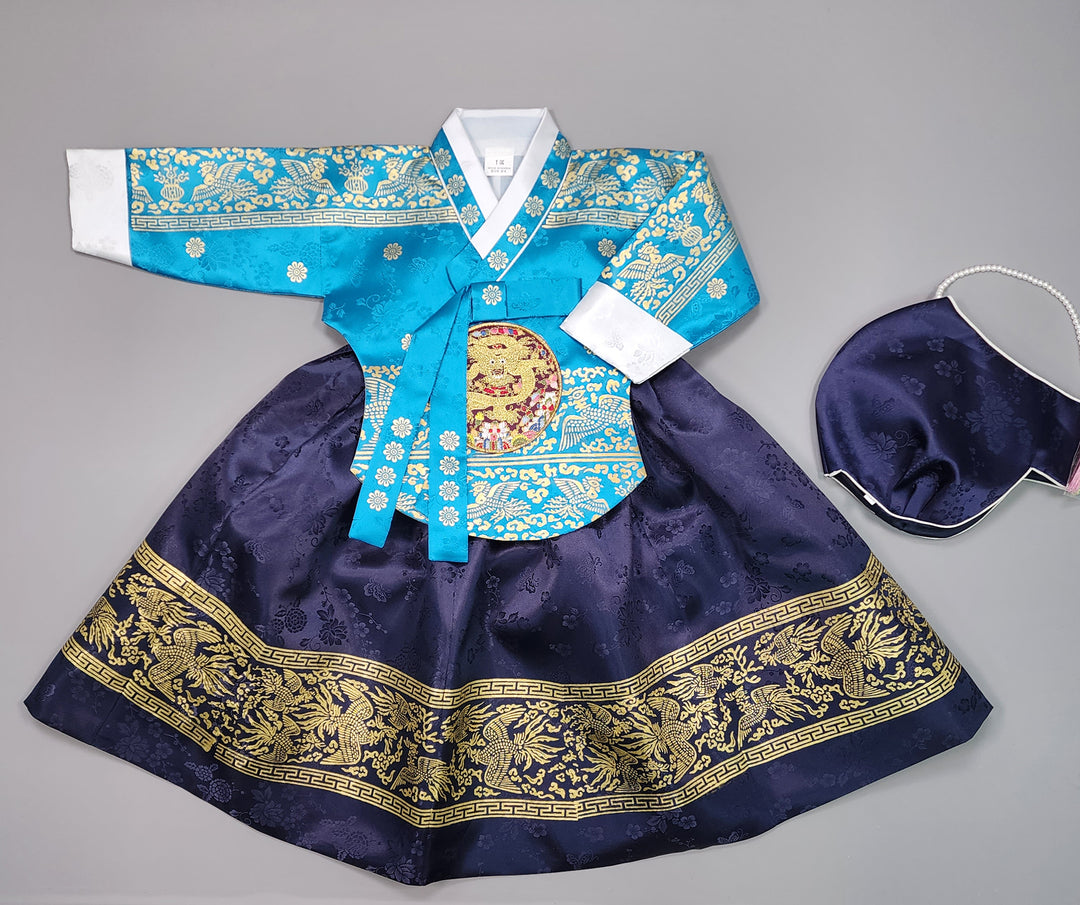 Hanbok Girl Baby Korea Traditional Clothing Set First Birthday Celebration Party Celebration 1–10 Years Blue Navy Gold Print HG115