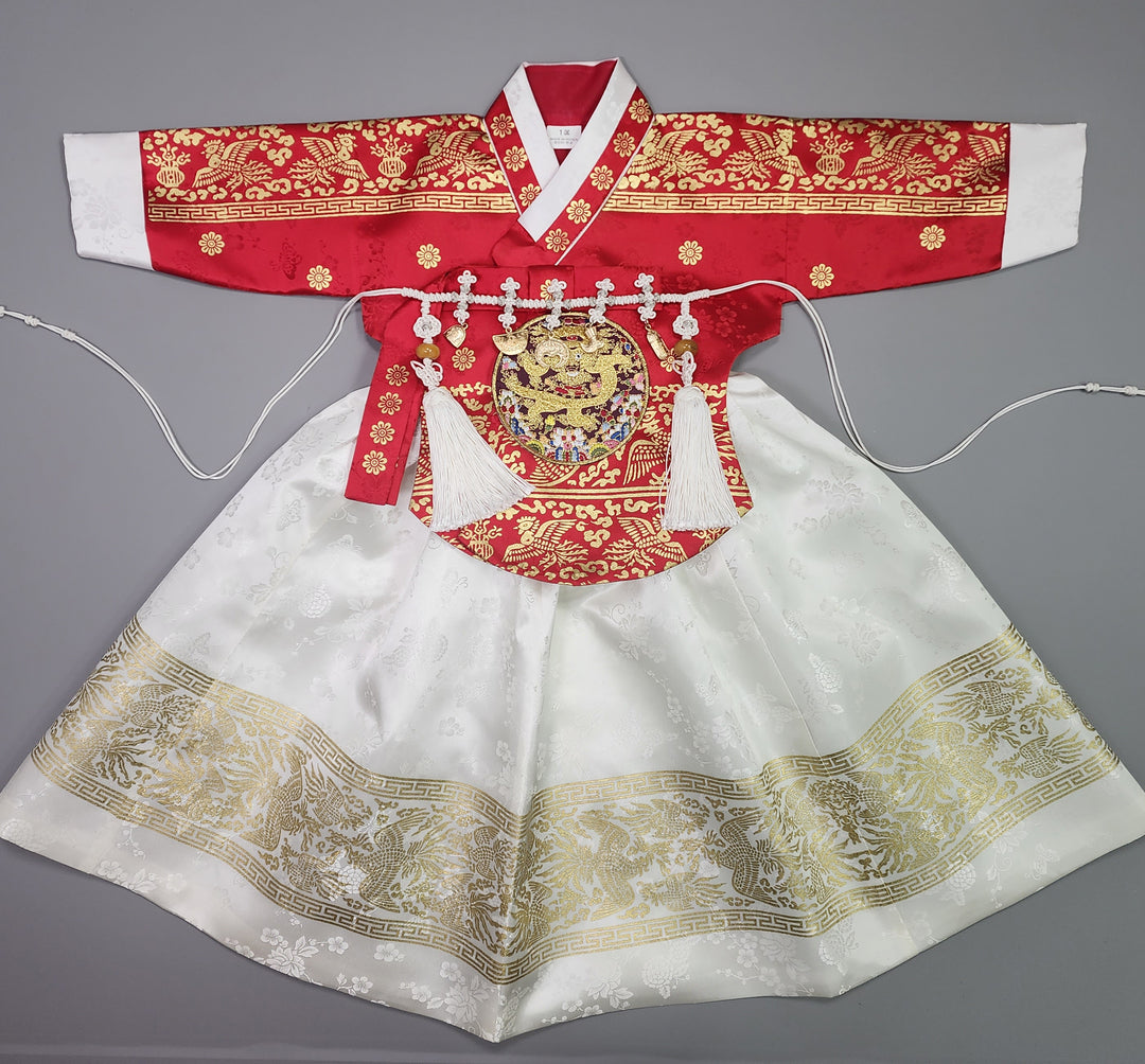 Hanbok Girl Baby Korea Traditional Clothing Set First Birthday Celebration Party Celebration 1–10 Years Red White Skirt Gold Print HG134