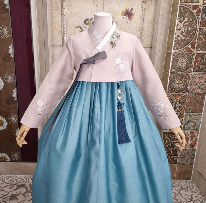 Korean Traditional Woman Personal Custom Hanbok Wedding Party Ceremony Lovely Pink Embroidery Blue Hanbok Skirt Mom Grandmom Hanbok OSW137