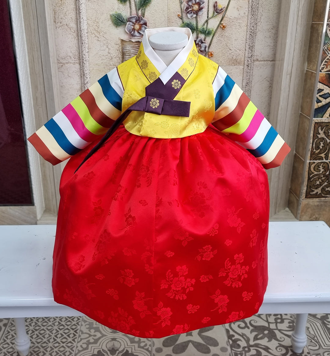 Korean Traditioanl Baby Girl Hanbok Clothing 1 Age Dol Party Celebration Yellow Red