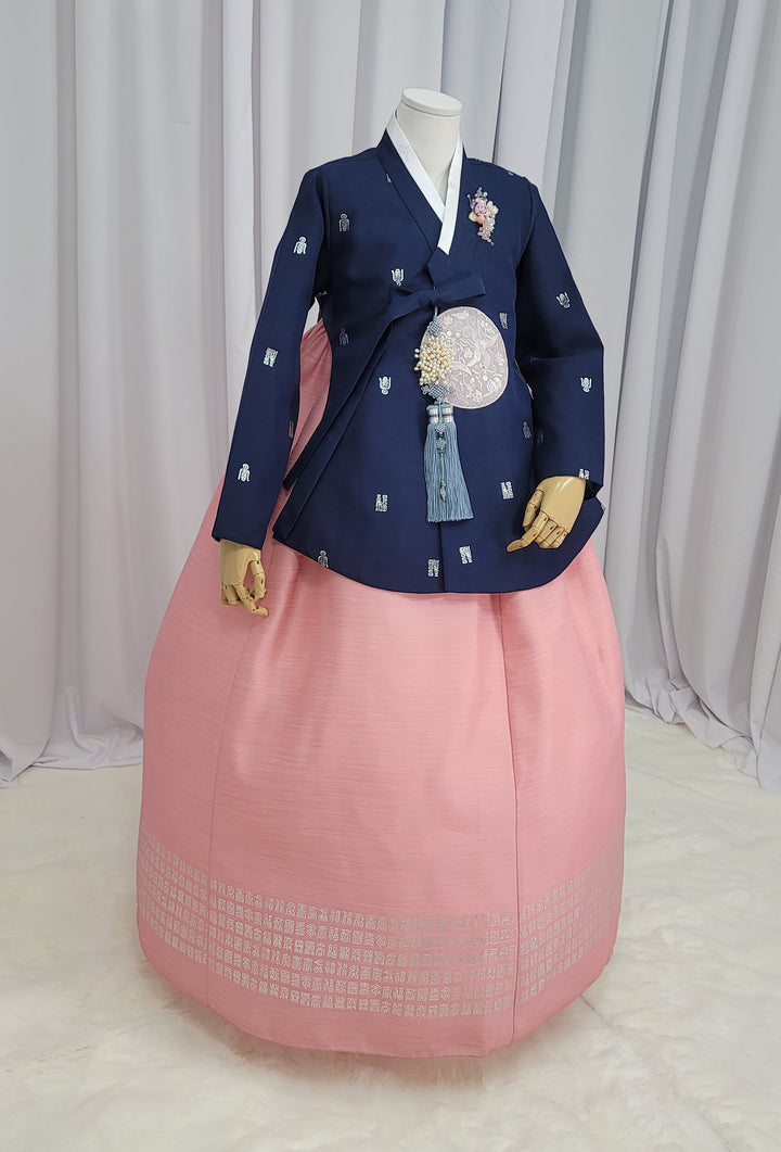 Korean Traditional Woman Personal Custom Hanbok Wedding Party Ceremony High Quality Print Dangui 당의 Queen Princess Design Hanbok Navy Peach OSW149