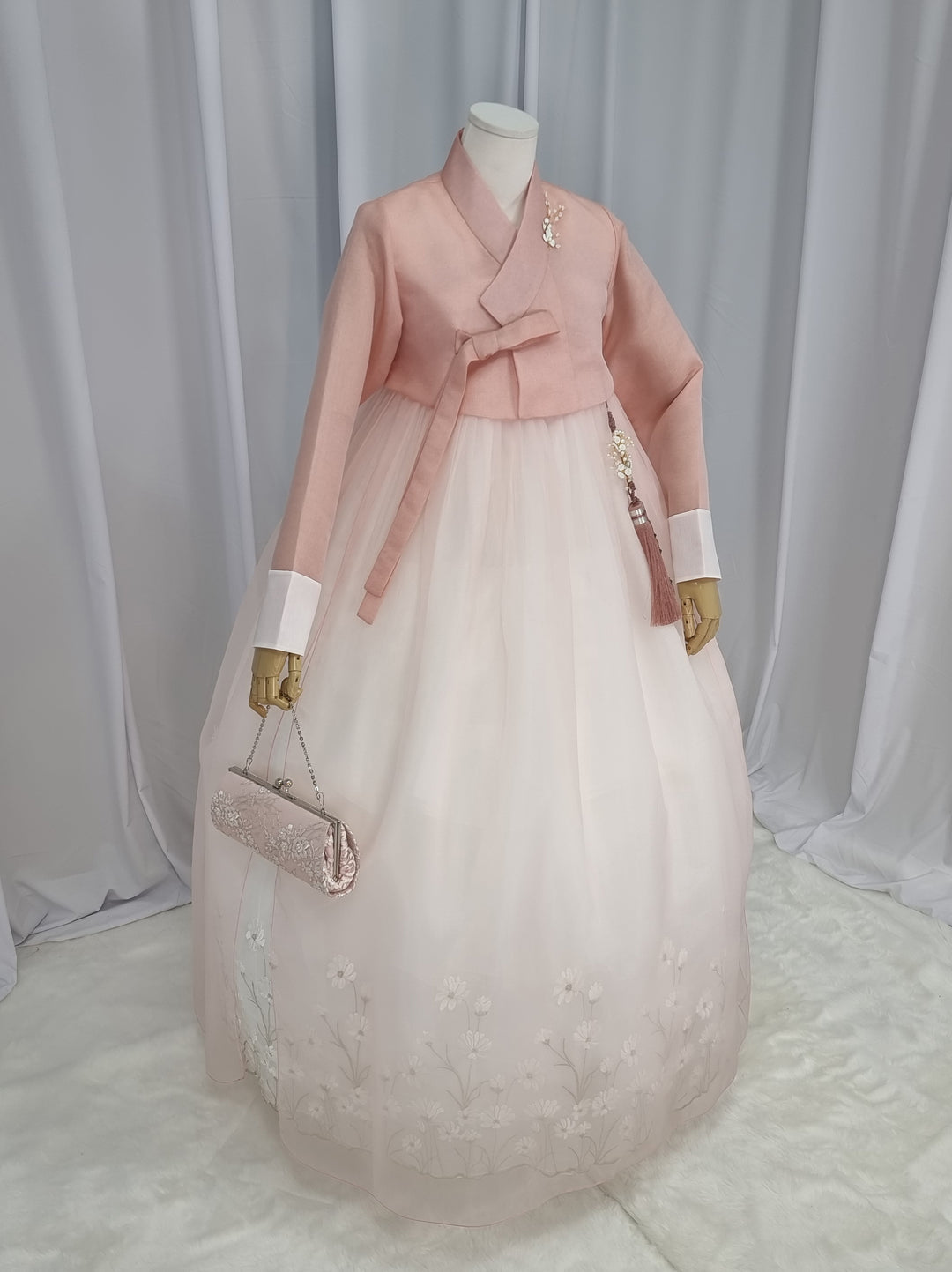 Woman Hanbok Dress Korea Traditional clothes Set Wedding Ceremony Birthday Custom-Made Peach Flower Lace OSW555