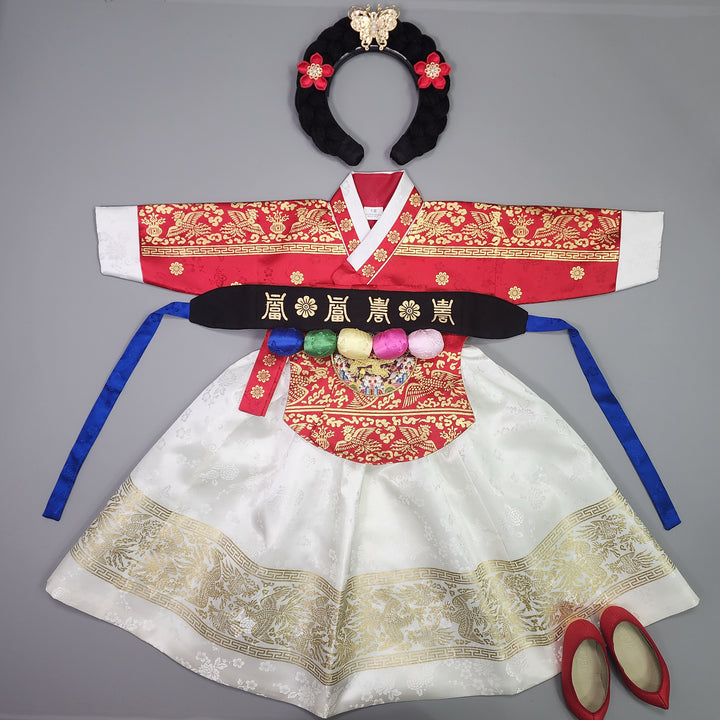 Hanbok Girl Baby Korea Traditional Clothing Set First Birthday Celebration Party Celebration 1–10 Years Red White Skirt Gold Print HG134