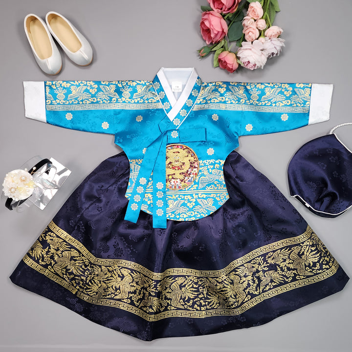 Hanbok Girl Baby Korea Traditional Clothing Set First Birthday Celebration Party Celebration 1–10 Years Blue Navy Gold Print HG115