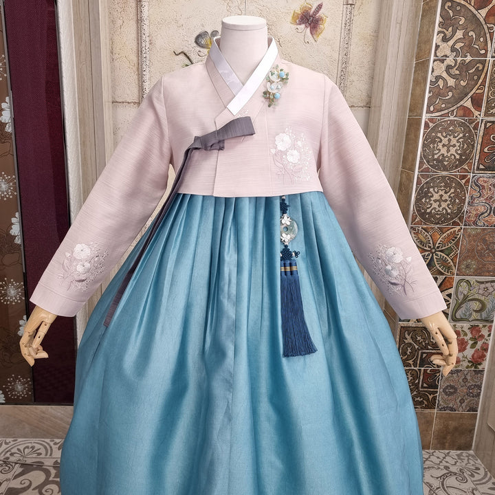 Korean Traditional Woman Personal Custom Hanbok Wedding Party Ceremony Lovely Pink Embroidery Blue Hanbok Skirt Mom Grandmom Hanbok OSW137