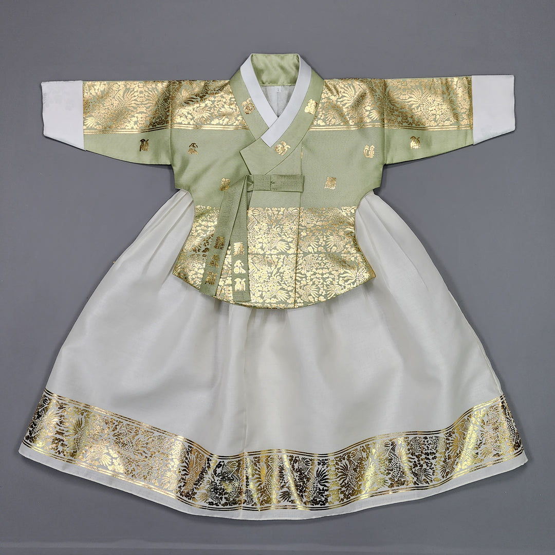 Korea Traditional Hanbok Girl Baby Light Green Gold Print Baikil 1–10 Years 1st Birthday Party GOG103