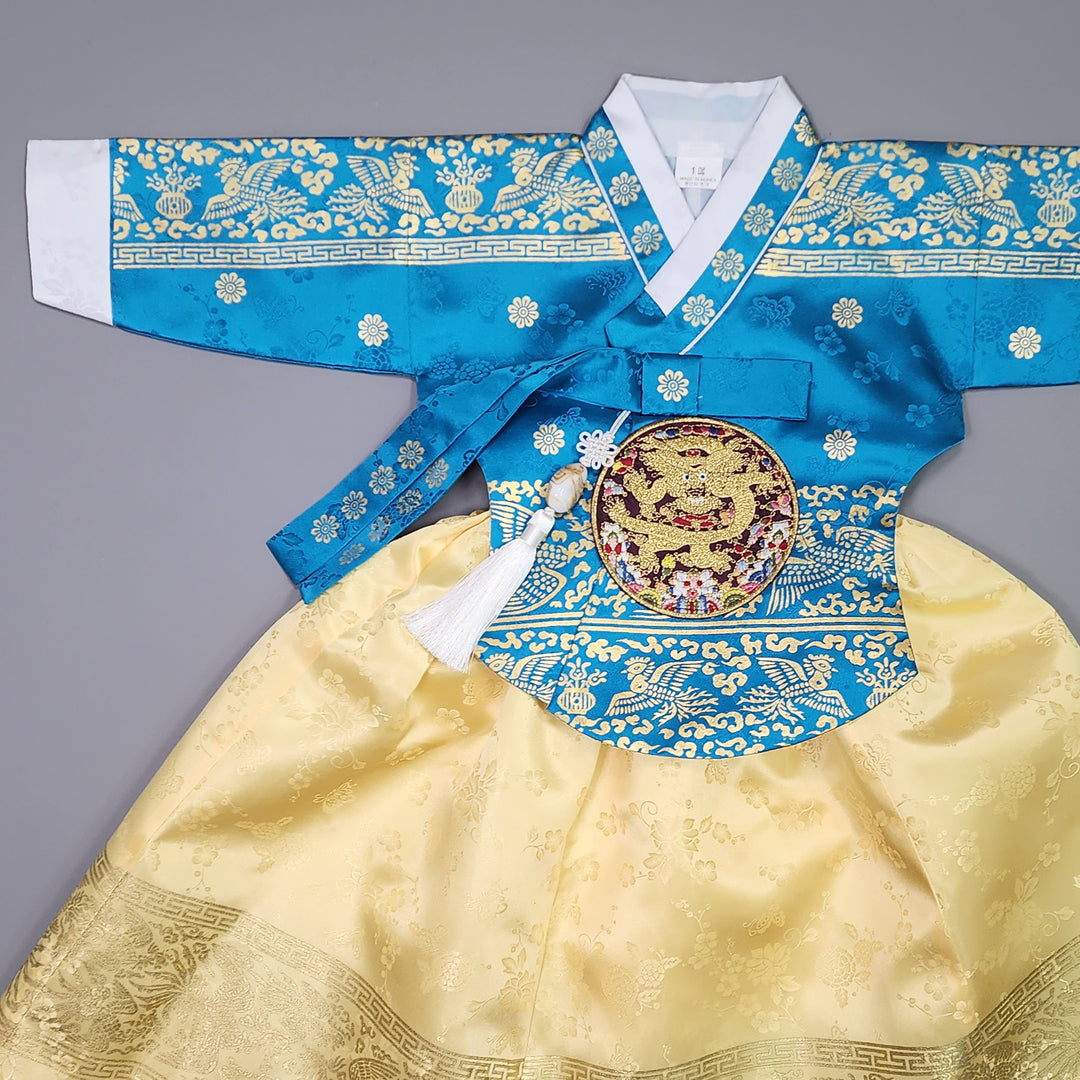 Hanbok Girl Baby Korea Traditional Clothing Set First Birthday Celebration Party Celebration 1–10 Years Blue Gold Print HG119