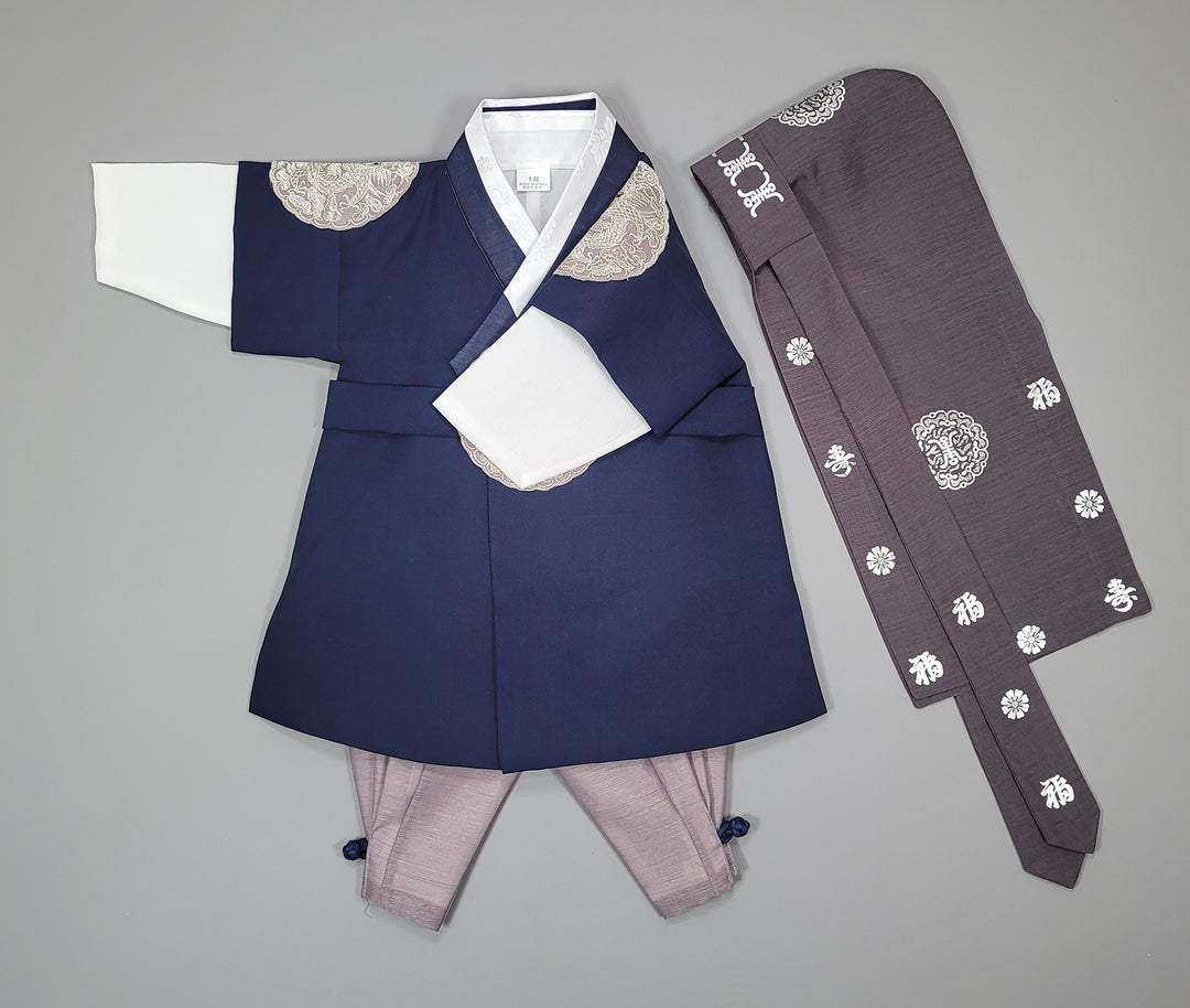 Korean Traditioanl Boy Baby Hanbok Dol Baikil Party Celebration 100th-8 Ages Navy Kings Design