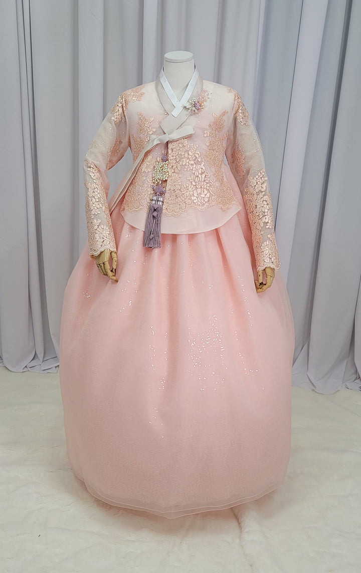 Korean Traditional Fancy Woman Personal Custom Hanbok Wedding Party Ceremony Mom Daughter Couple Look Pink Peach Lace Hanbok OSF138