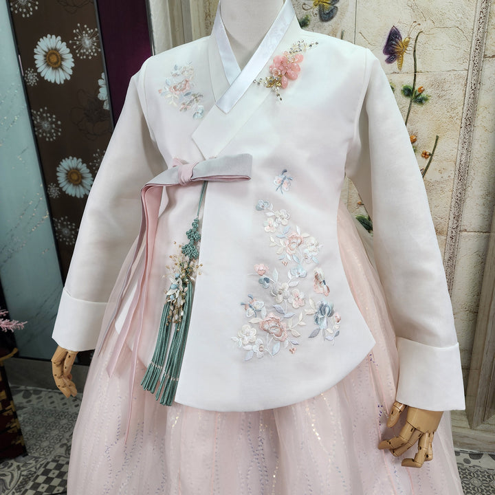 Korean Traditional Woman Personal Custom Hanbok Wedding Party Ceremony Ivory Embroidery Beads Skirt Hanbok 316