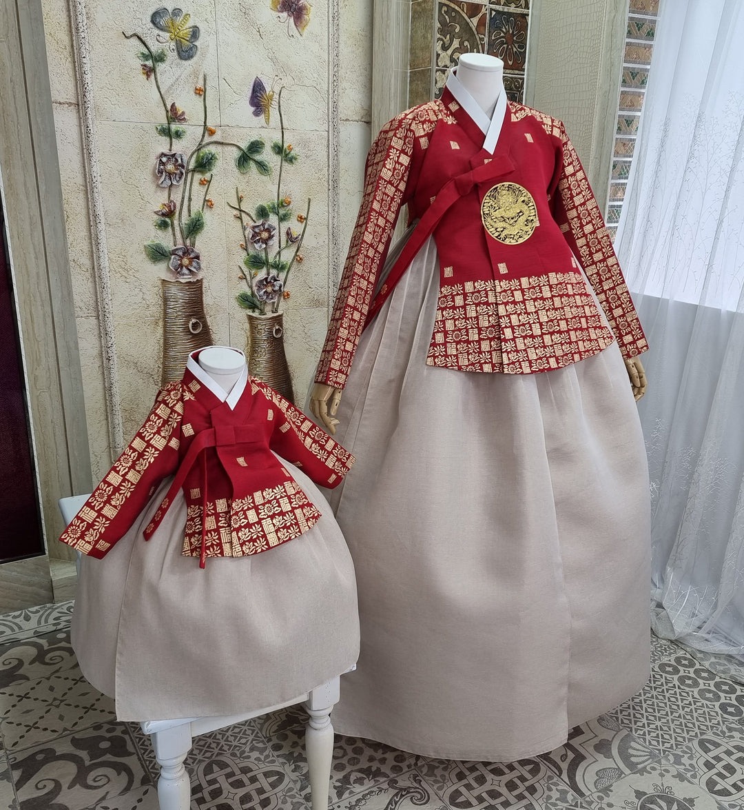 Korean Traditional Fancy Woman Personal Custom Hanbok Wedding Party Ceremony Mom Daughter Couple Look Wine Red Gold Print Hanbok OSF134