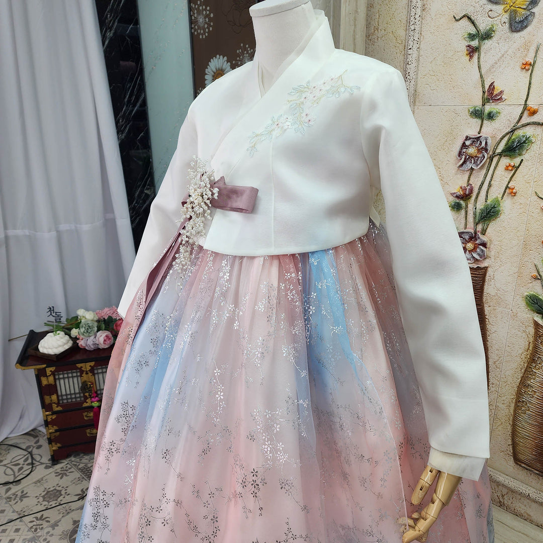 Korean Traditional Woman Personal Custom Hanbok Wedding Party Ceremony Ivory Embroidery Bead Rainbow Skirt Hanbok 146