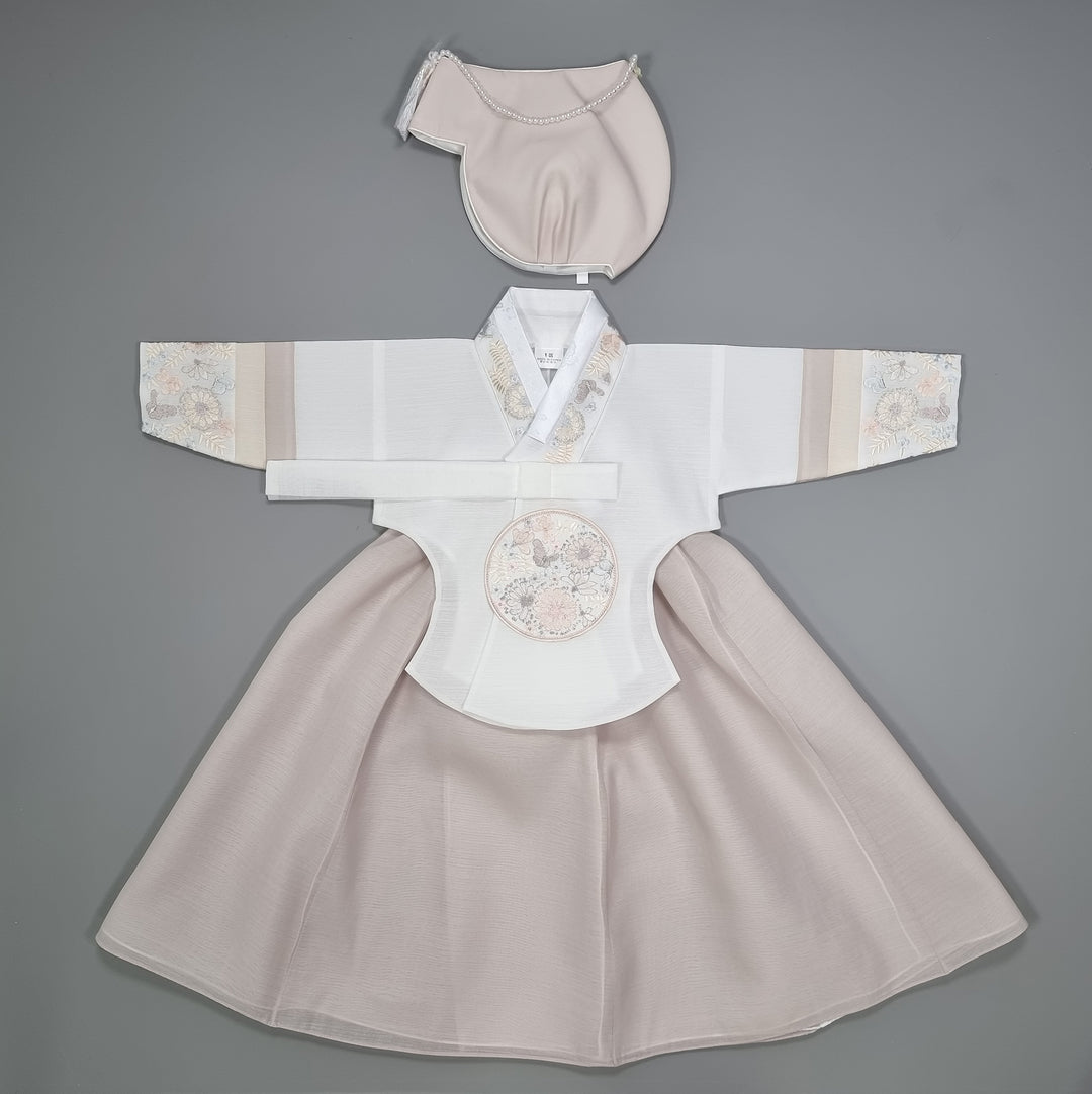 Hanbok Girl Baby Korea Traditional Clothing Set First Birthday Celebration Party 100th Birth Celebration 1 - 15 years White Embroidery Beige