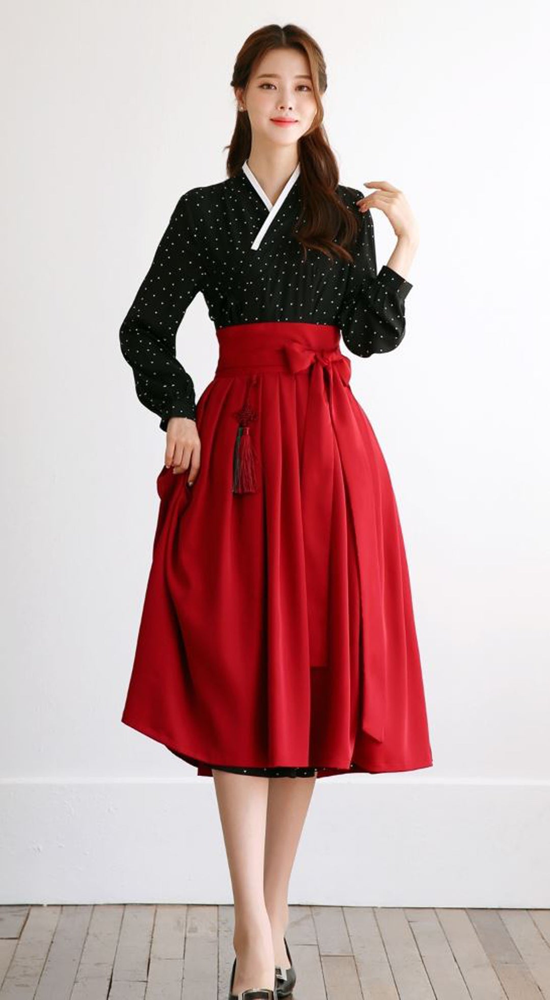 Woman Korean Modern Hanbok Black Dot Dress Fancy Casual Daily Clothing Fusion Hanbok Party CHD413