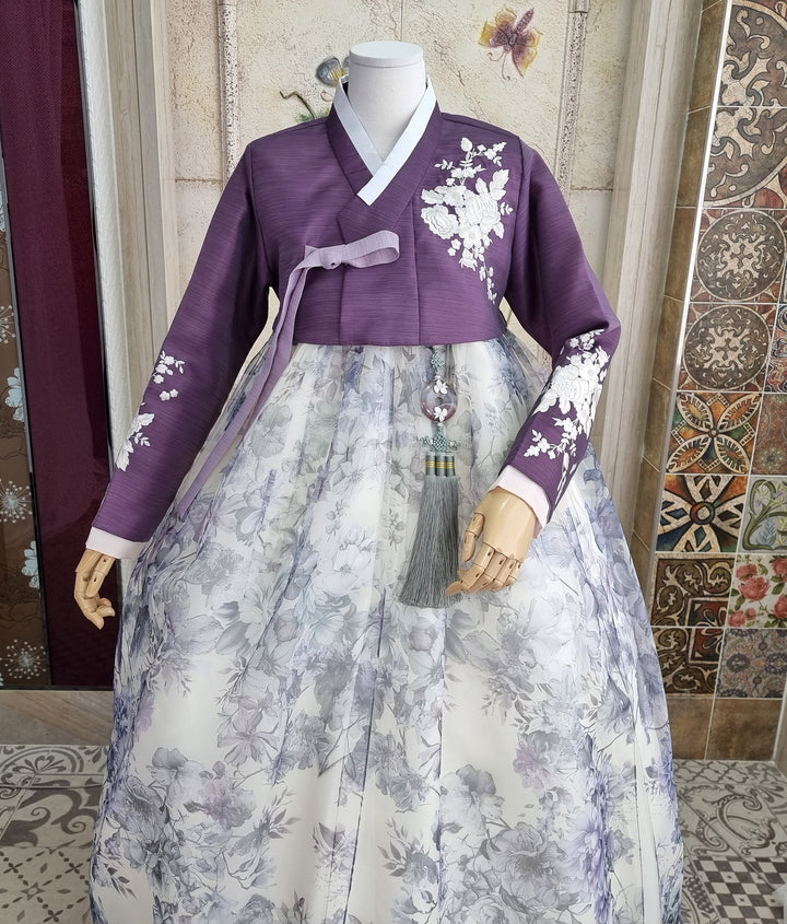 Korean Traditional Woman Personal Custom Hanbok Wedding Party Ceremony Purple Flower Print Hanbok Skirt Mom Grandmom Hanbok OSW140