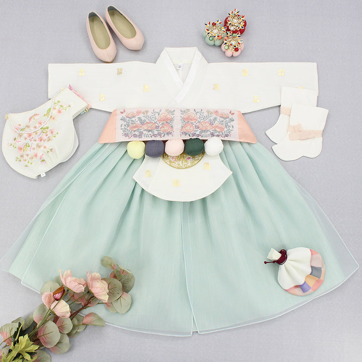 Hanbok Girl Baby Korea Traditional Clothing Set First Birthday Celebration Party 1–6 years 100th days Ivory Mint Gold Print DGH120