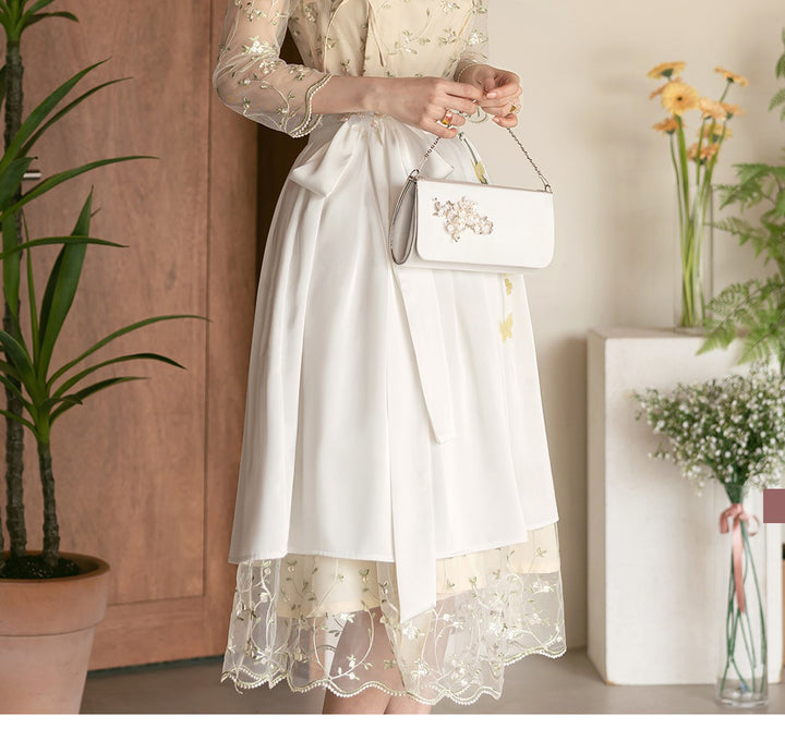 Korean Modern Hanbok Cream Lace Dress Wrapped Skirt Fancy Casual Daily Clothing Fusion Hanbok Party CHD317