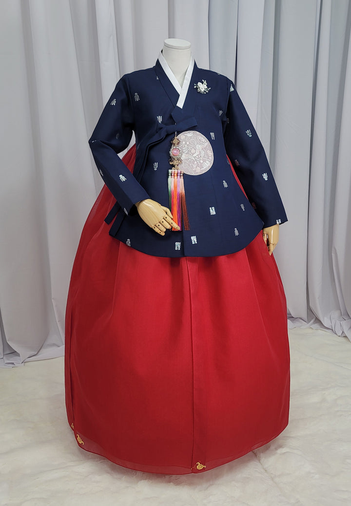 Korean Traditional Woman Personal Custom Hanbok Wedding Party Ceremony High Quality Print Dangui 당의 Queen Princess Design Hanbok Navy Red OSW150