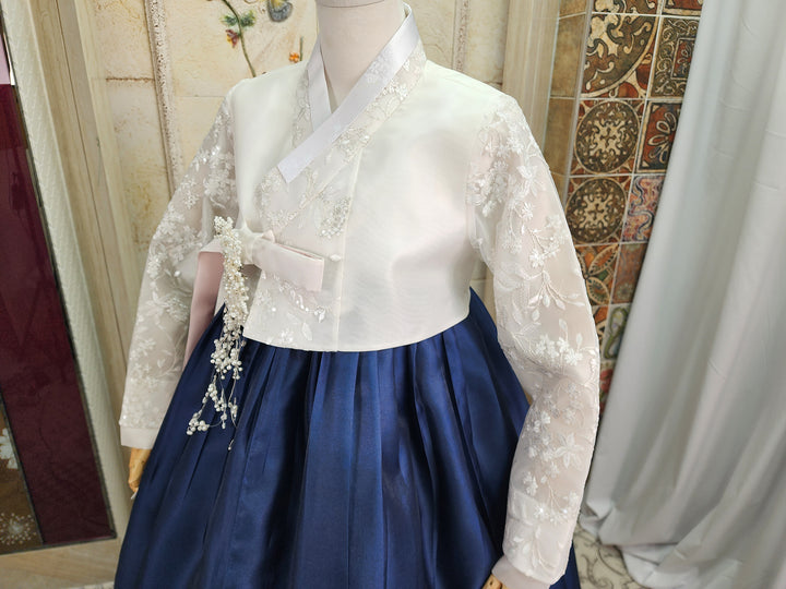 Korean Traditional Woman Personal Custom Hanbok Wedding Party Ceremony White Lace Embroidery OSW005