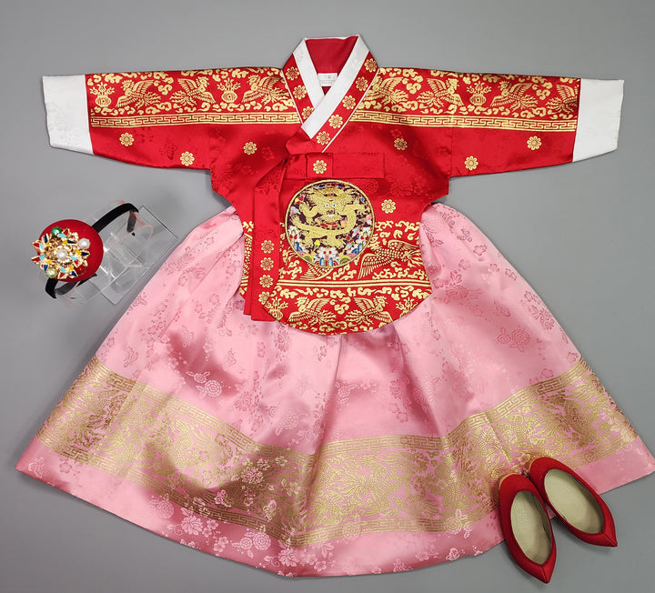 Hanbok Girl Baby Korea Traditional Clothing Set First Birthday Celebration Party Celebration 1–10 Years Red Pink Skirt Gold Print HG126