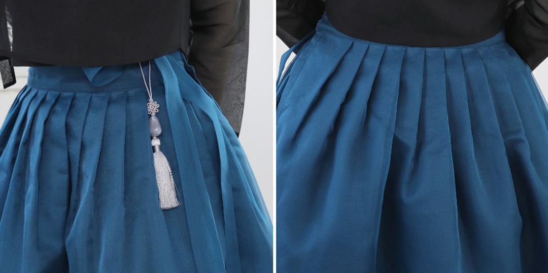 Korean Modern Daily Hanbok Casual Modernized Party Celebration Dress Top Jeogori Skirt Black Blue SSN016