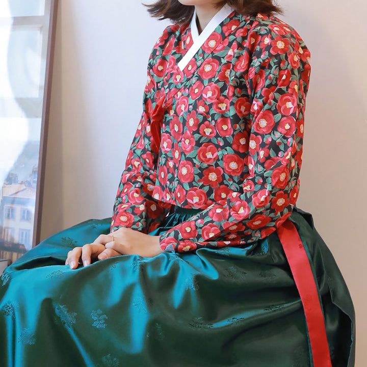 Korean Modern Daily Hanbok Casual Modernized Party Celebration Dress Top Jeogori Skirt Red Flower Green SSN019