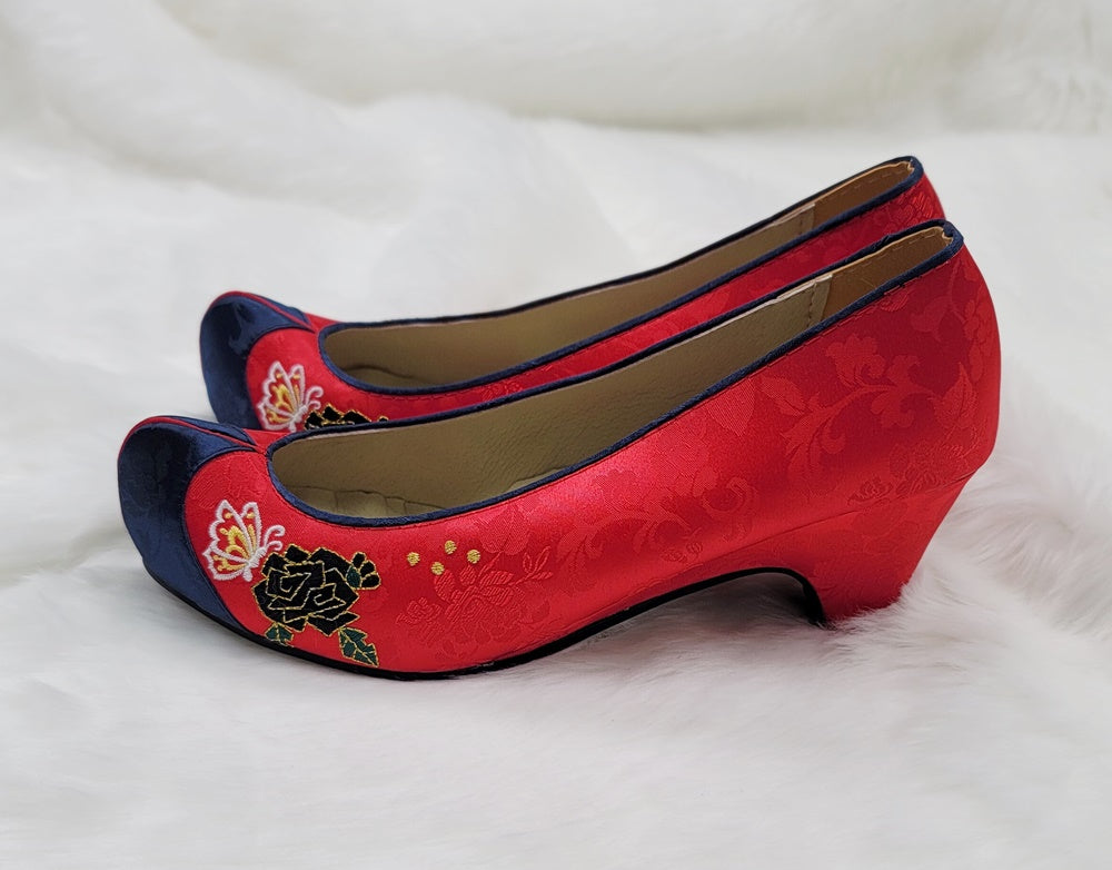 Korean Traditional Hanbok Shoes Socks for Woman Girl Red Embroidery Footwear Wedding Birthday PU WS115