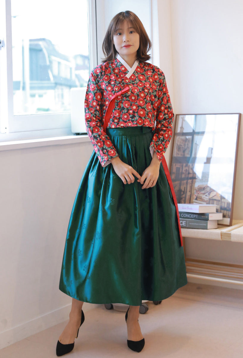 Korean Modern Daily Hanbok Casual Modernized Party Celebration Dress Top Jeogori Skirt Red Flower Green SSN019