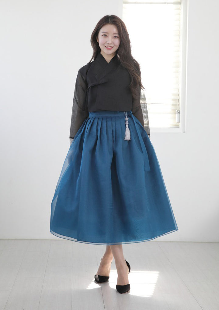 Korean Modern Daily Hanbok Casual Modernized Party Celebration Dress Top Jeogori Skirt Black Blue SSN016