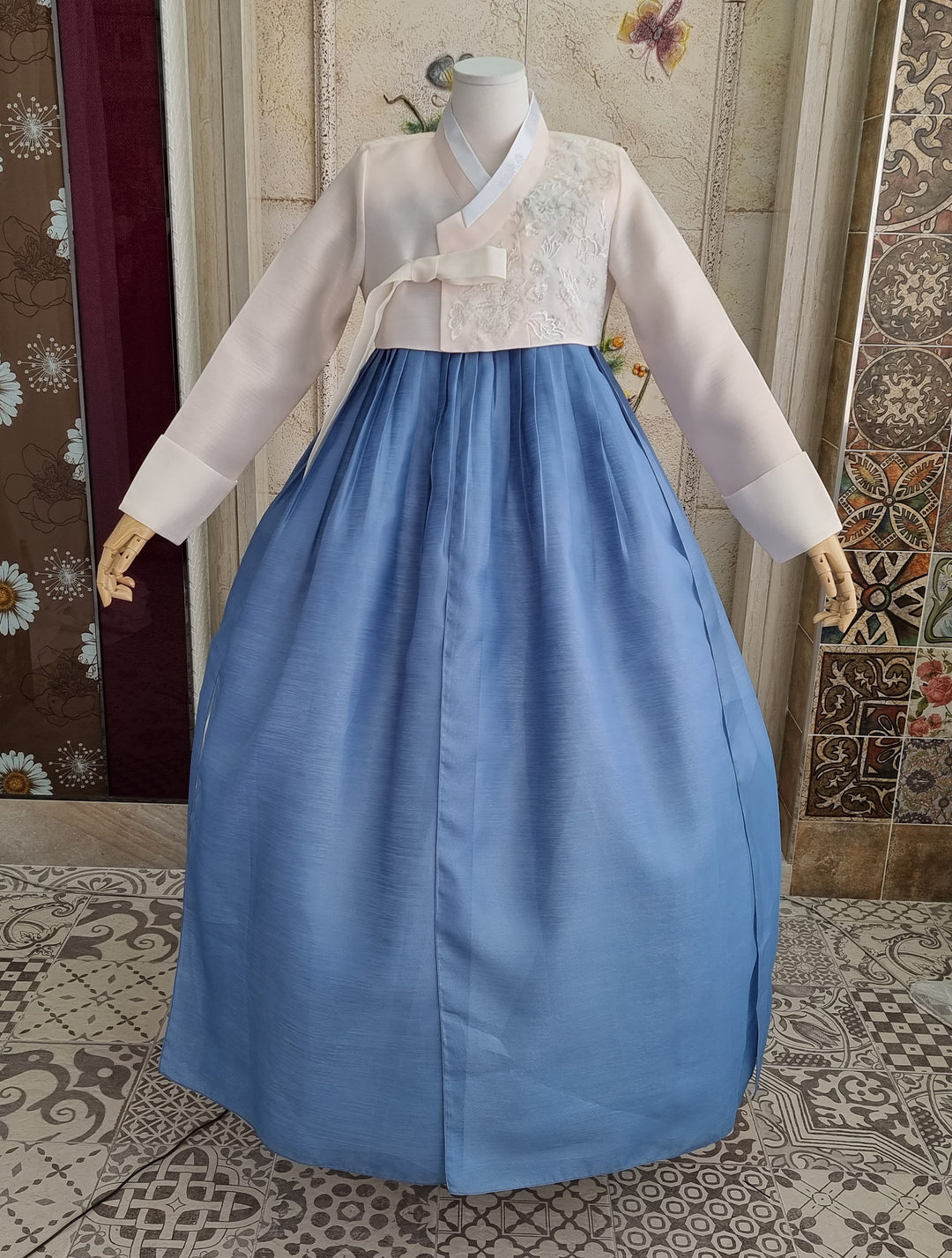 Korean Traditional Woman Personal Custom Hanbok Wedding Party Ceremony Ivory Embroidery Blue Skirt Mom Grandmom Hanbok OSW133