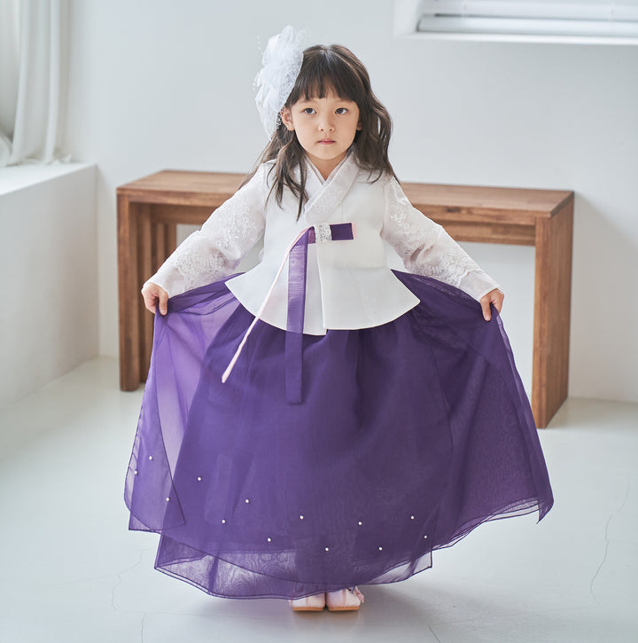 Hanbok Girl Baby Korea Traditional Clothing Set First Birthday Celebration Party Celebration 1 -8 years White Beads Embroidery Purple