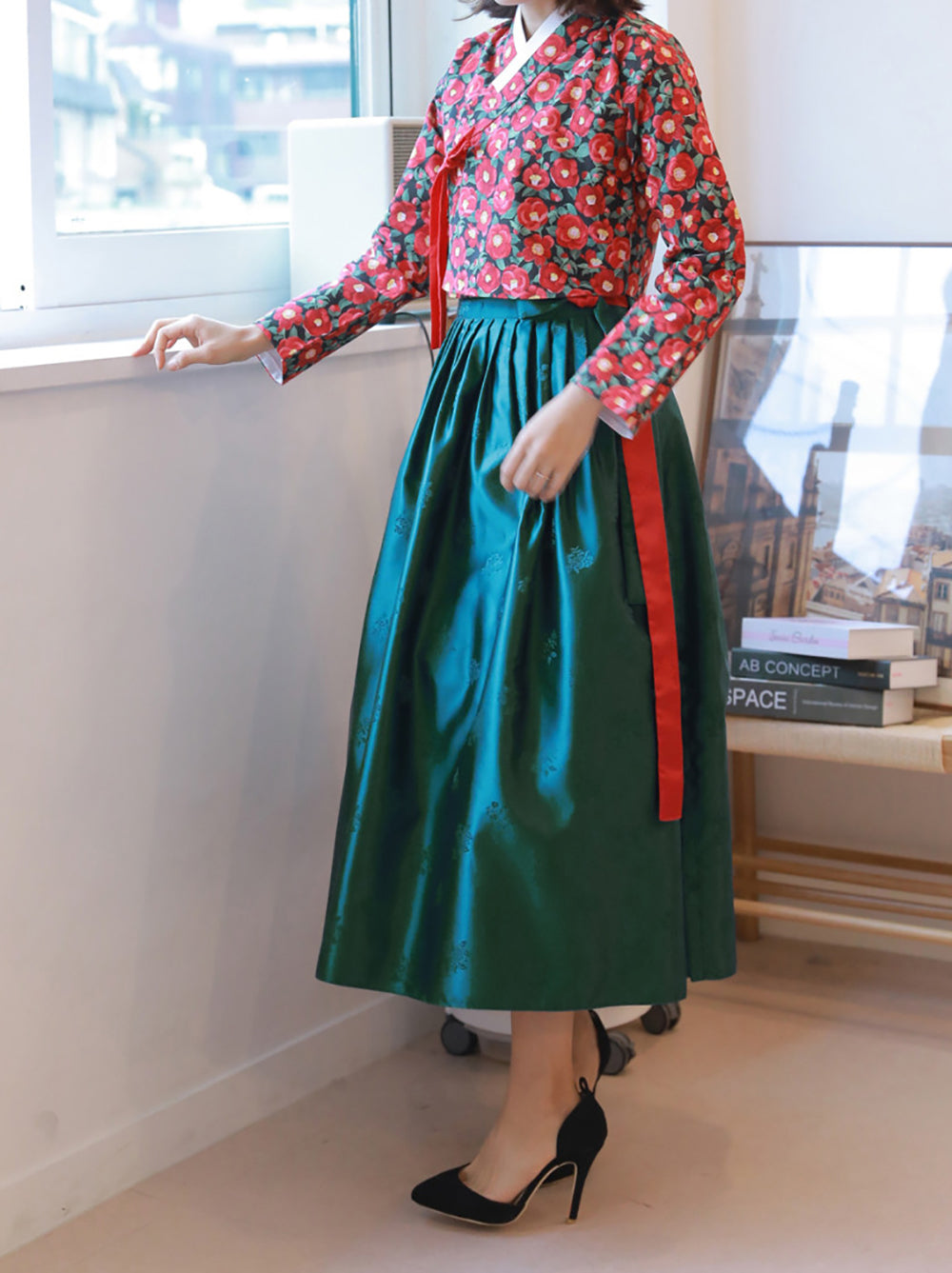 Korean Modern Daily Hanbok Casual Modernized Party Celebration Dress Top Jeogori Skirt Red Flower Green SSN019