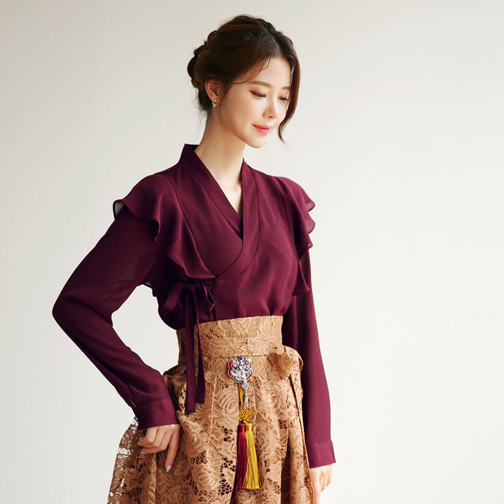 Korean Modern Hanbok Wine Blouse Top Jeogori Short Sleeve Summer Brown Skirt Fancy Casual Daily Clothing Fusion Hanbok CHD113