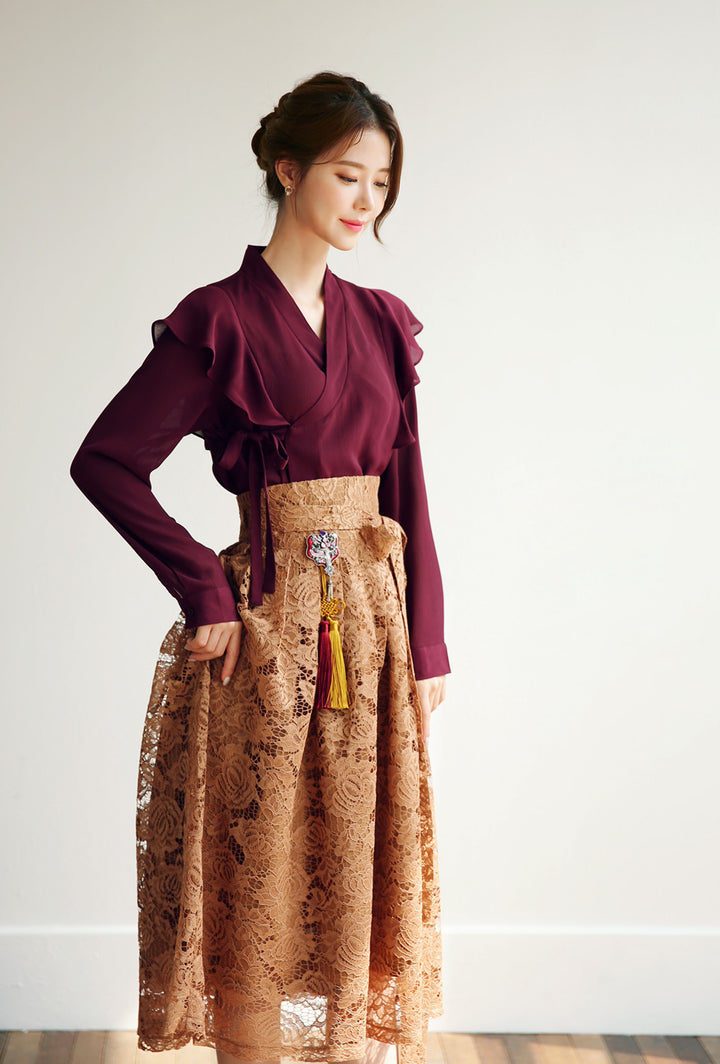 Korean Modern Hanbok Wine Blouse Top Jeogori Short Sleeve Summer Brown Skirt Fancy Casual Daily Clothing Fusion Hanbok CHD113