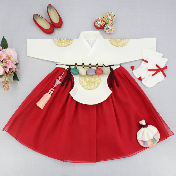 Hanbok Girl Baby Korea Traditional Clothing Set First Birthday Celebration Party 1–6 years 100th days Ivory Red Gold Patch DGH118