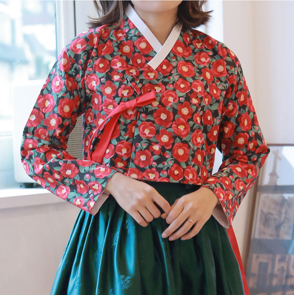 Korean Modern Daily Hanbok Casual Modernized Party Celebration Dress Top Jeogori Skirt Red Flower Green SSN019